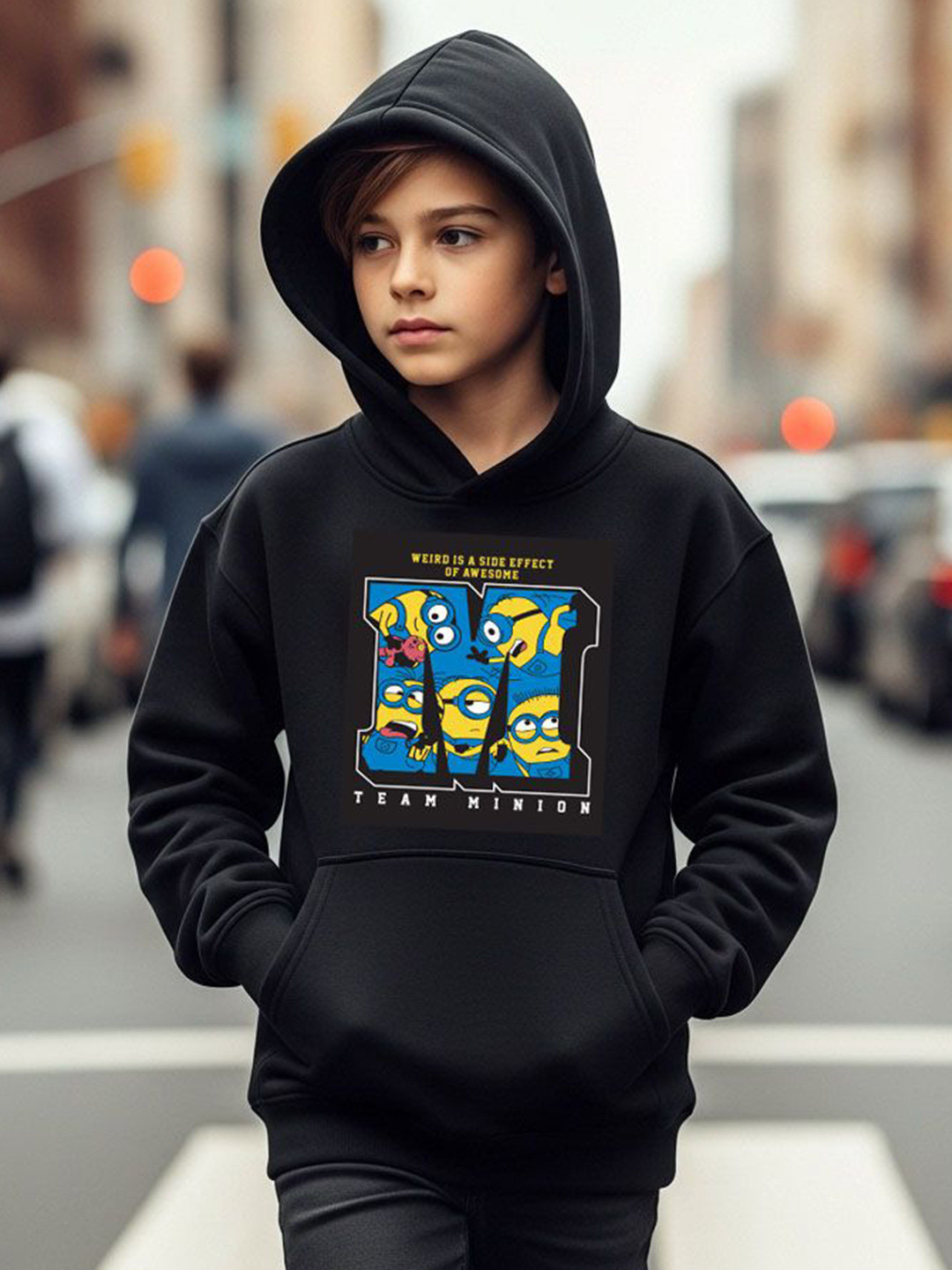 LONDON STREETS Kids Minions Printed Hooded Long Sleeves Pullover Sweatshirt