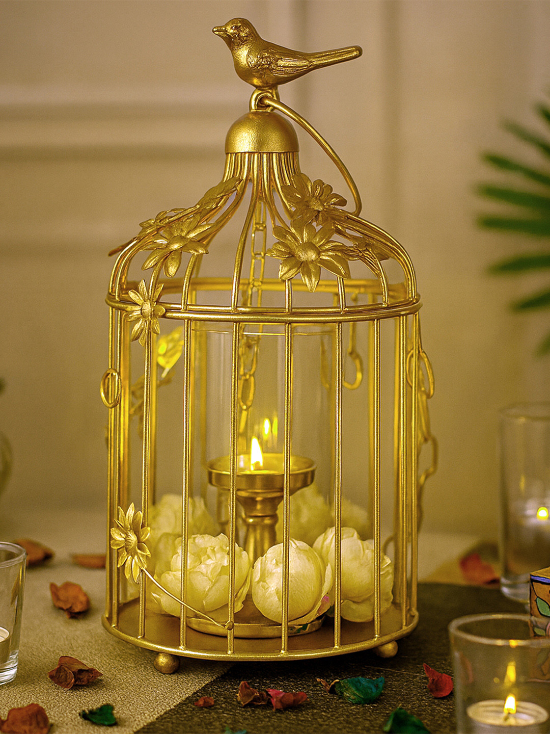 Homesake Bird Cage with Floral Vine Metal Glossy Hanging Hall Decorative Bird Cage-17.7In