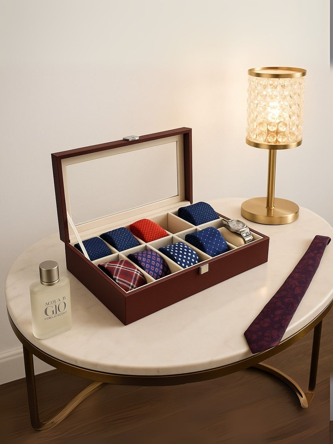 THE BIG TROVE Burgundy Leatherette Tie 10 Slot Reusable Jewellery Organiser