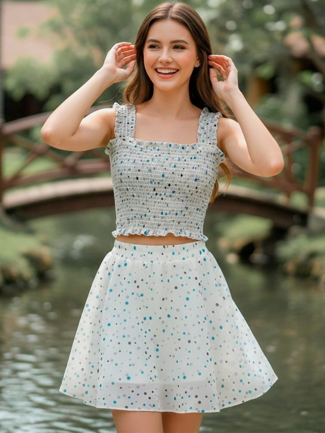 ADDYVERO Printed Square Neck Sleeveless Smocked Top & Flared Skirt