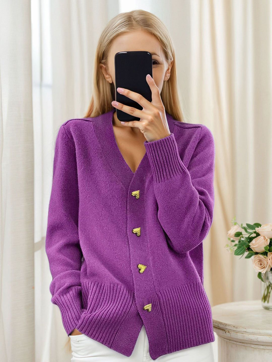 StyleCast Women Solid V-Neck Long Sleeves Button Detail Cardigan