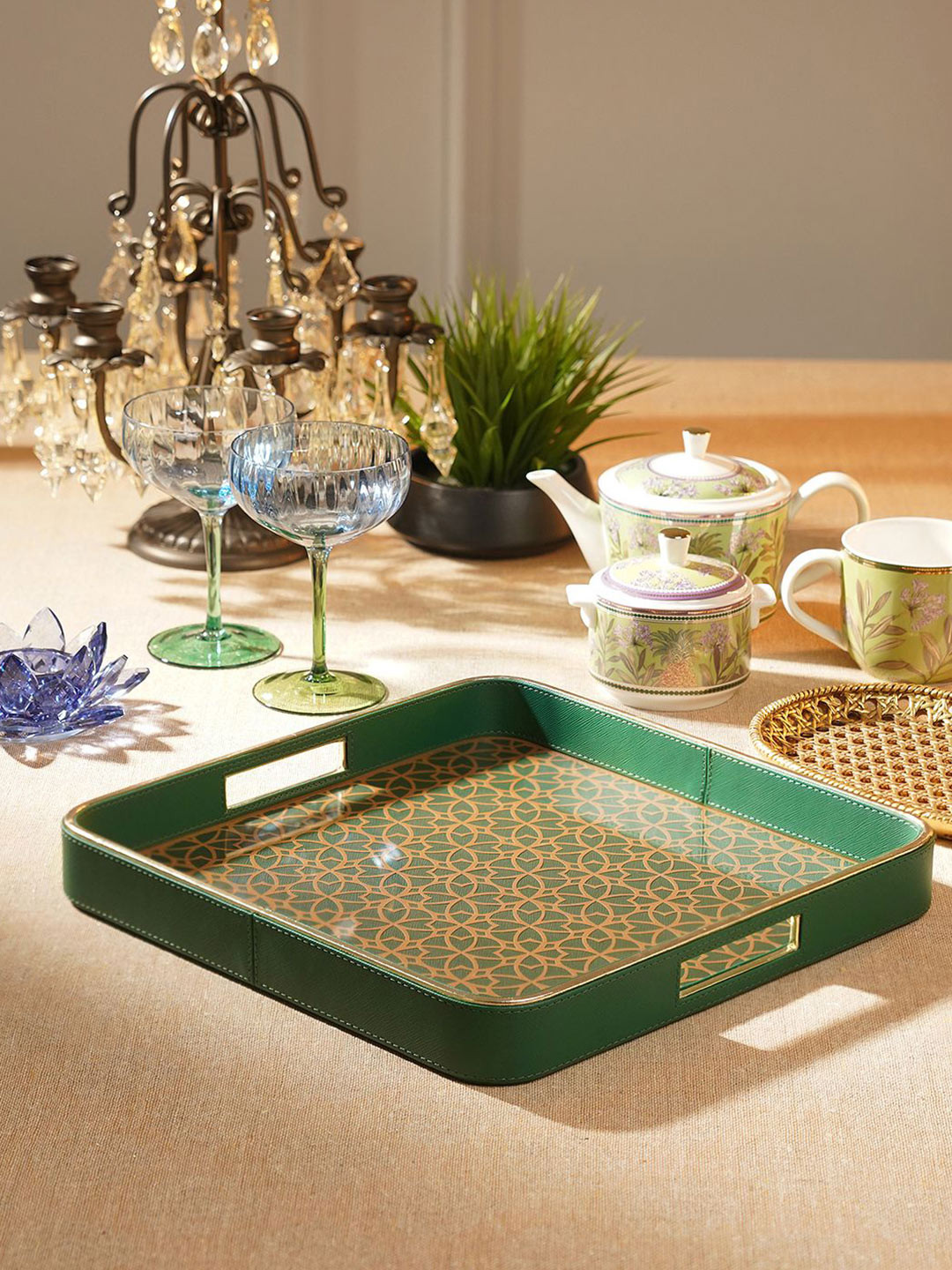 Pure Home and Living Unisex Green Printed Square MDF Serving Tray