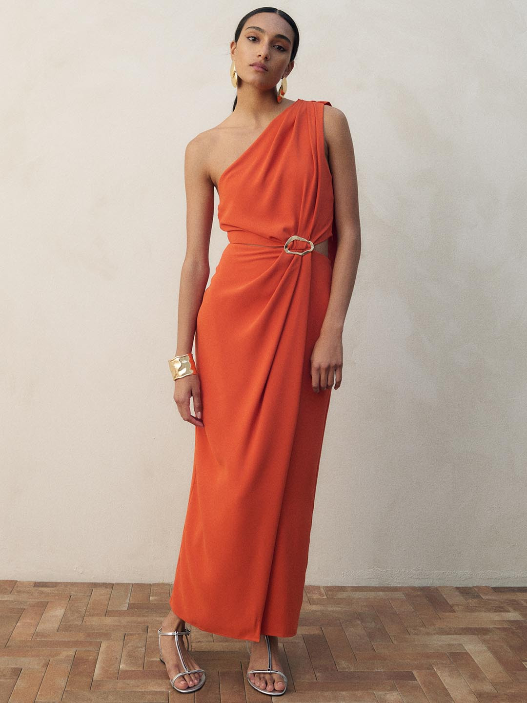 H&M Women One-Shoulder Sleeveless Gathered or Pleated Cut-Out Maxi Dress