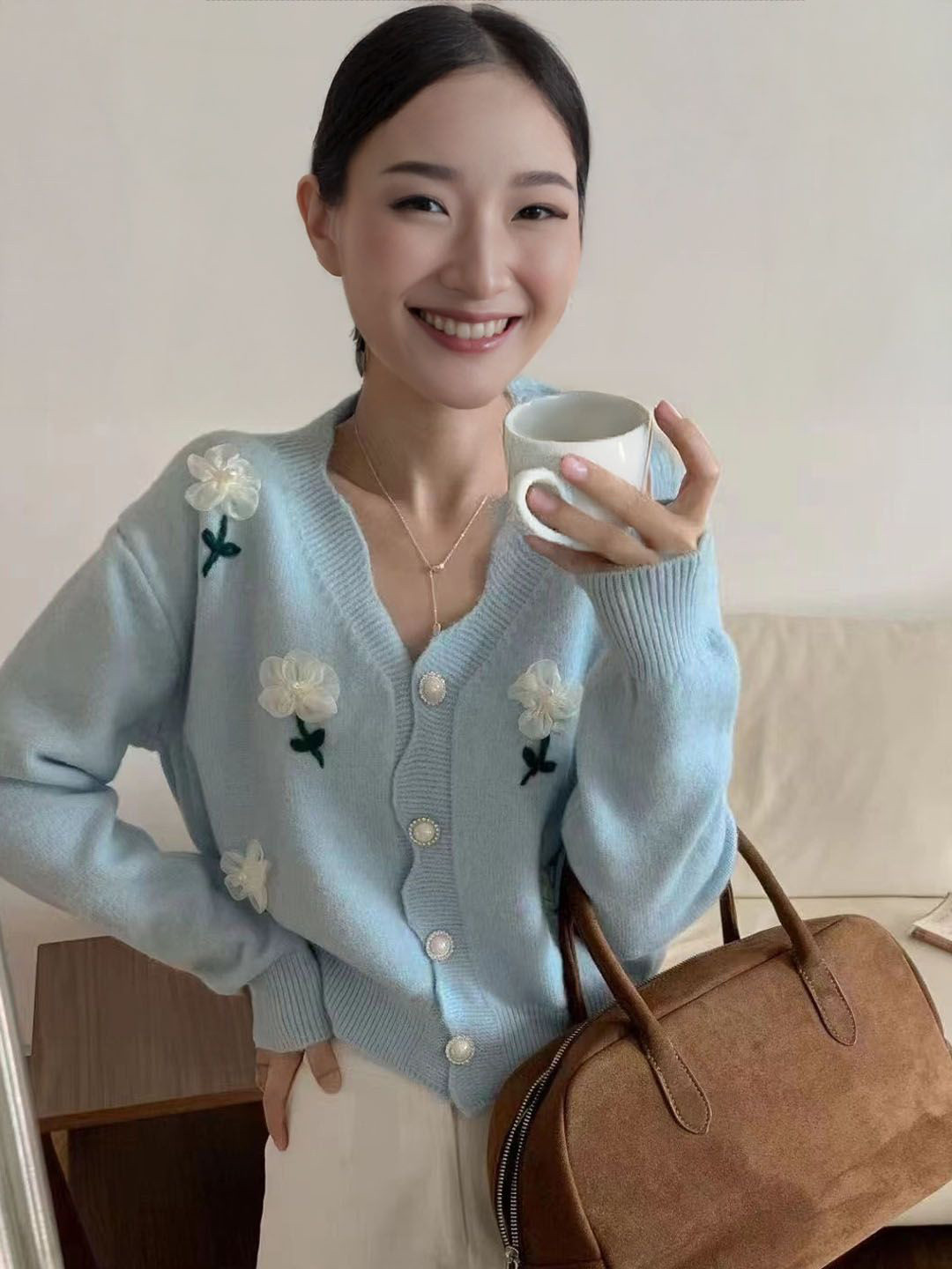 StyleCast Women Embroidered V-Neck Full Sleees Cardigan Sweater with Floral Applique