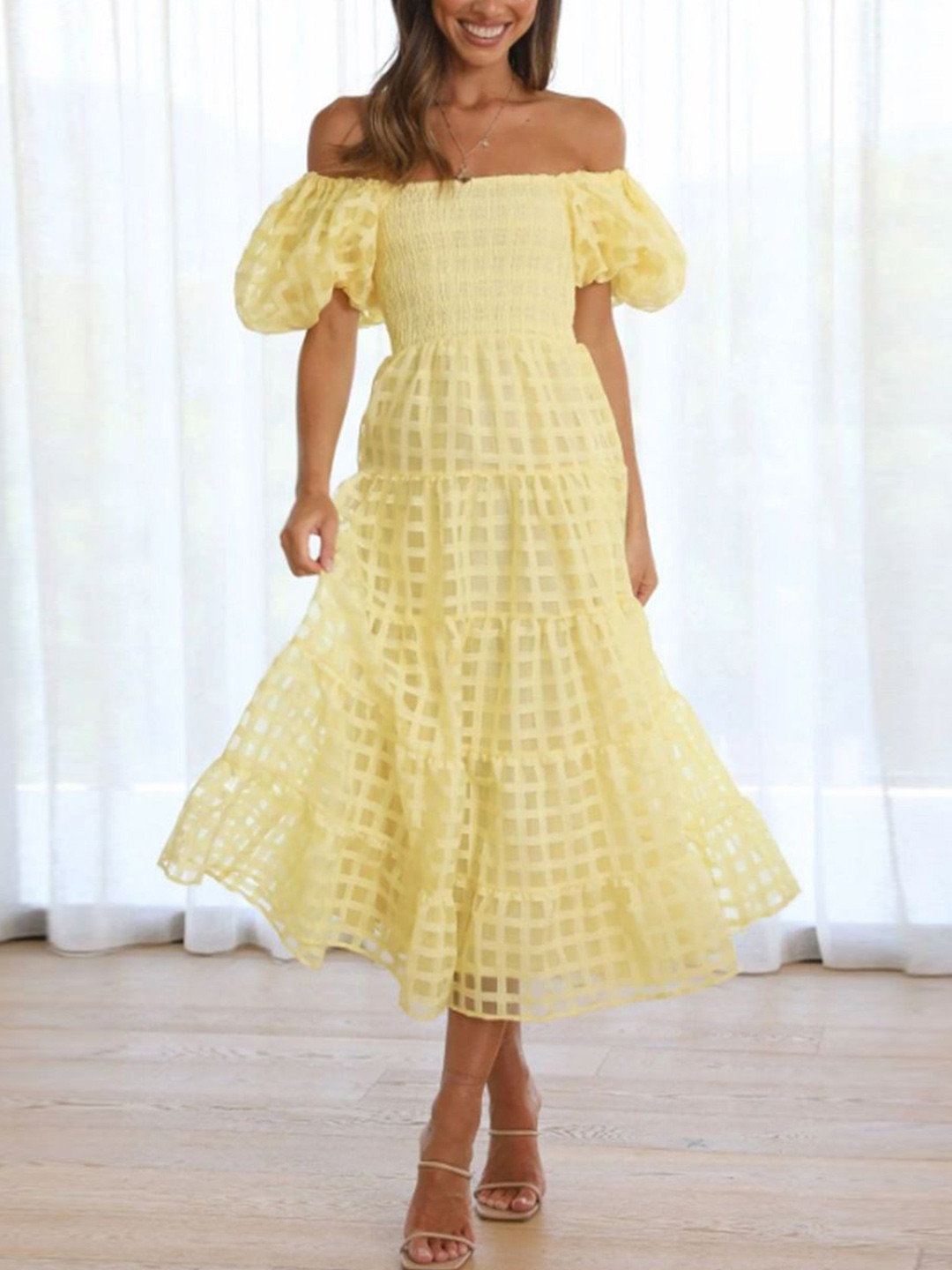 all about you Checked Off-Shoulder Puff Sleeve Midi Dress