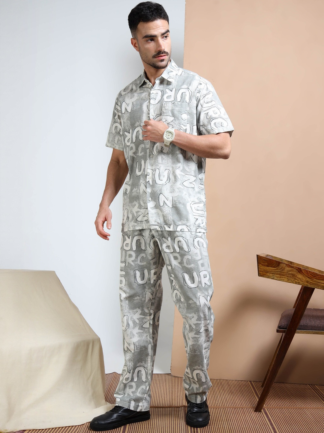 RIGS AND RAGS Men Typography Printed Relax Fit Shirt Collar Shirt With Joggers
