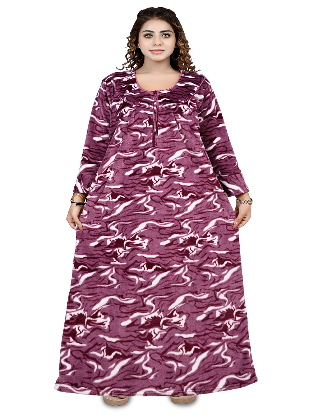 Bindass Female Collection Women Abstract Printed Round Neck Long Sleeves Maxi Nightdress