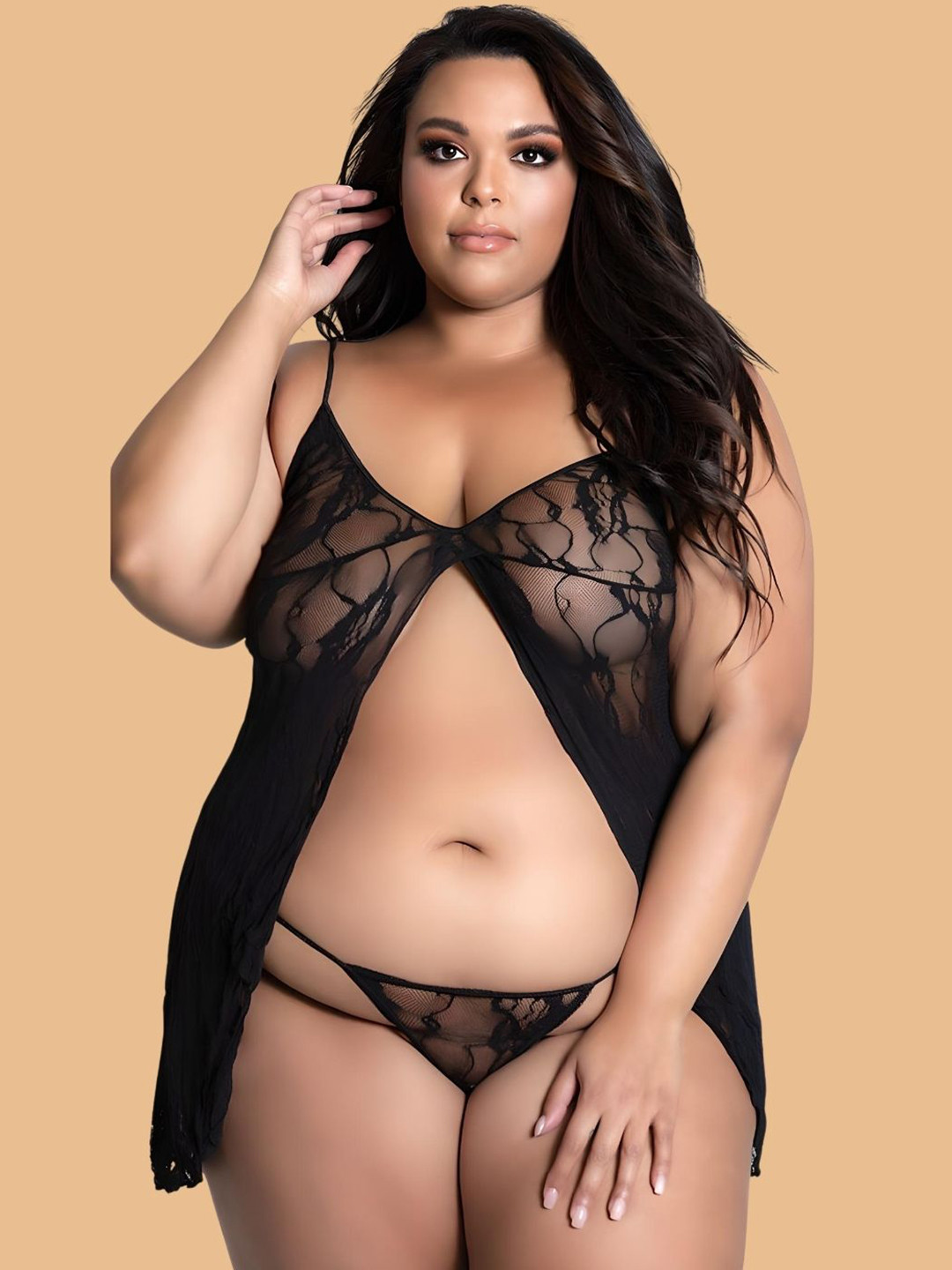 ZERJAMA Women Plus Size Front Open Self Design Baby Doll with Briefs