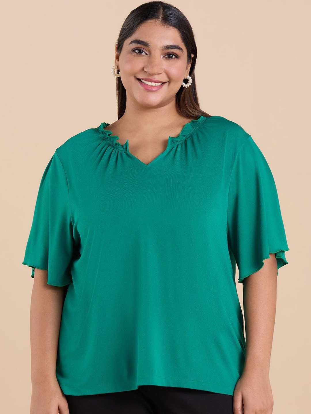Big Hello - The Plus Life Women Plus Size Solid Flared Sleeve Ruffles Top