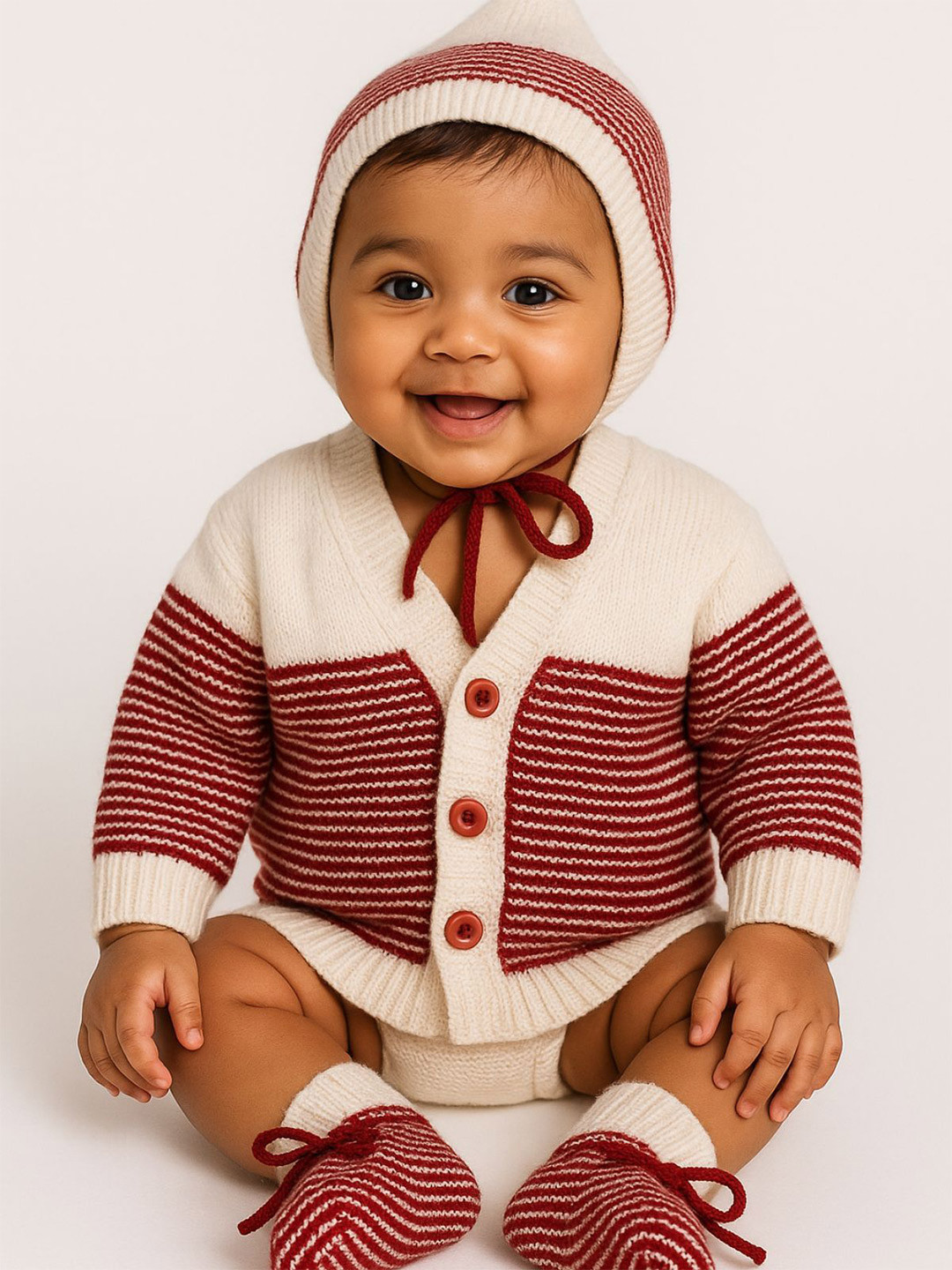 Little Angels Baby Girls Colourblocked Woollen Cardigan Sweaters With Cap and Socks Set