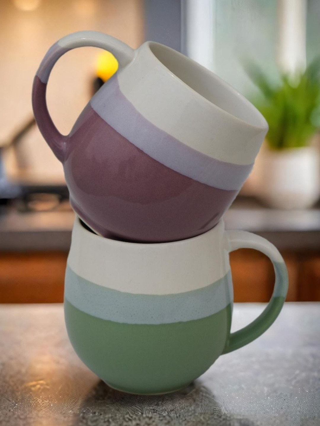 U & U Unique Utilities Purple & Olive Green Large Ceramic Glossy Coffee Mugs- 450 ml each
