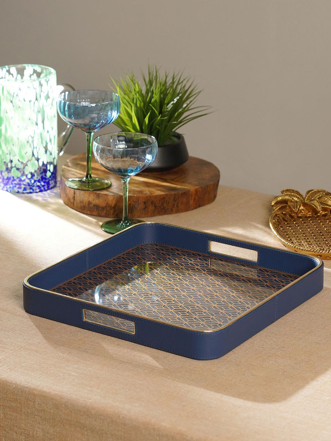 Pure Home and Living Unisex Blue Printed Glass Square Faux Leather Tray