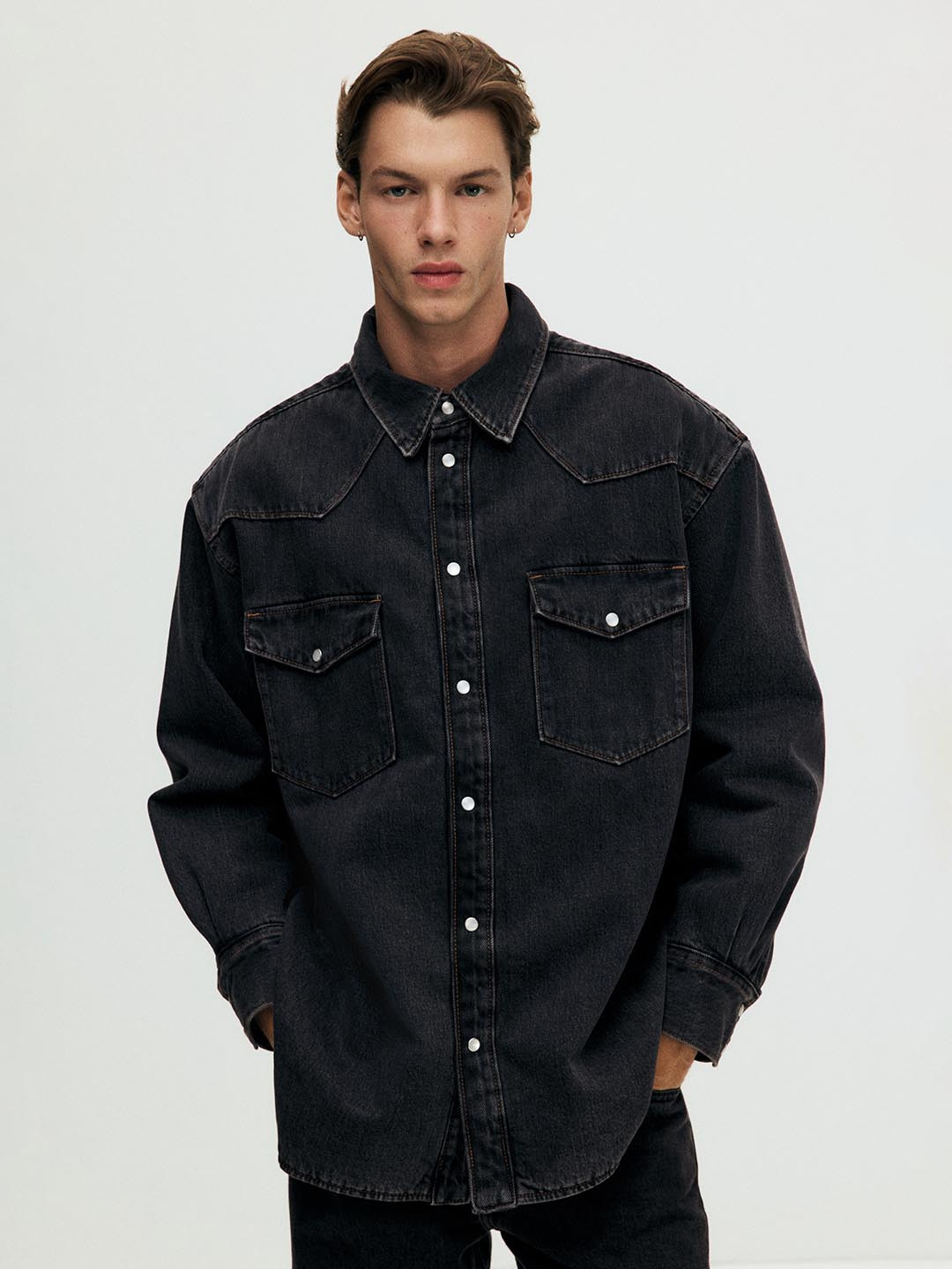 H&M Pure Cotton Oversized Fit Padded Denim Shirt