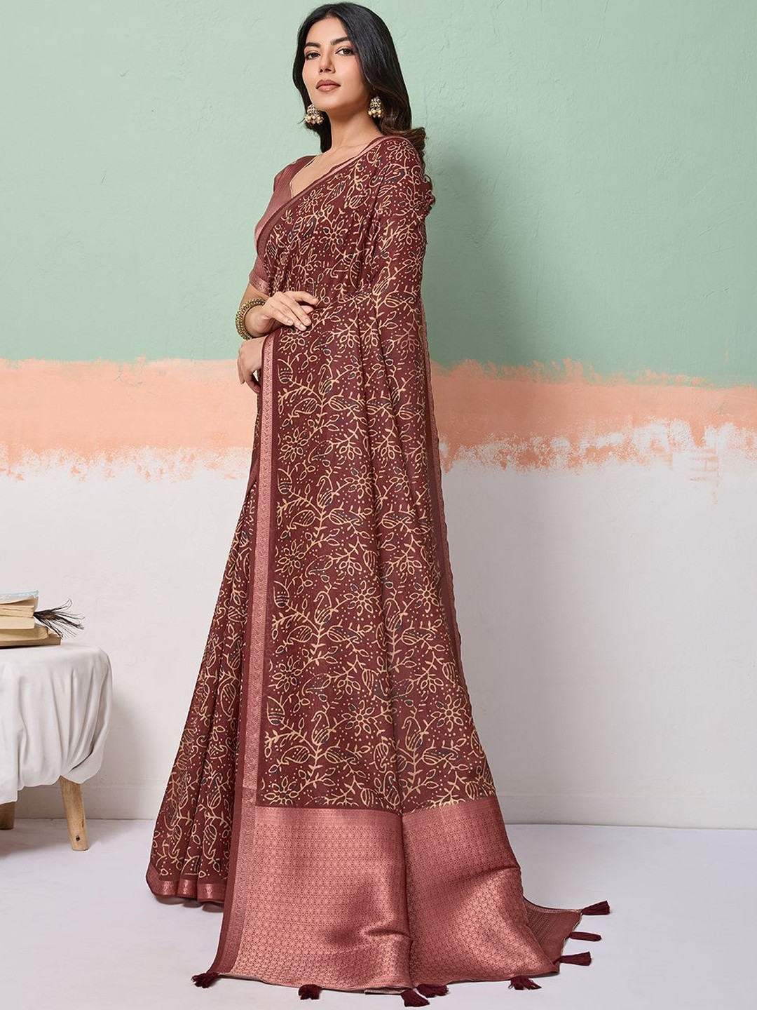 100 Dreams Floral Zari Tissue Block Print Saree