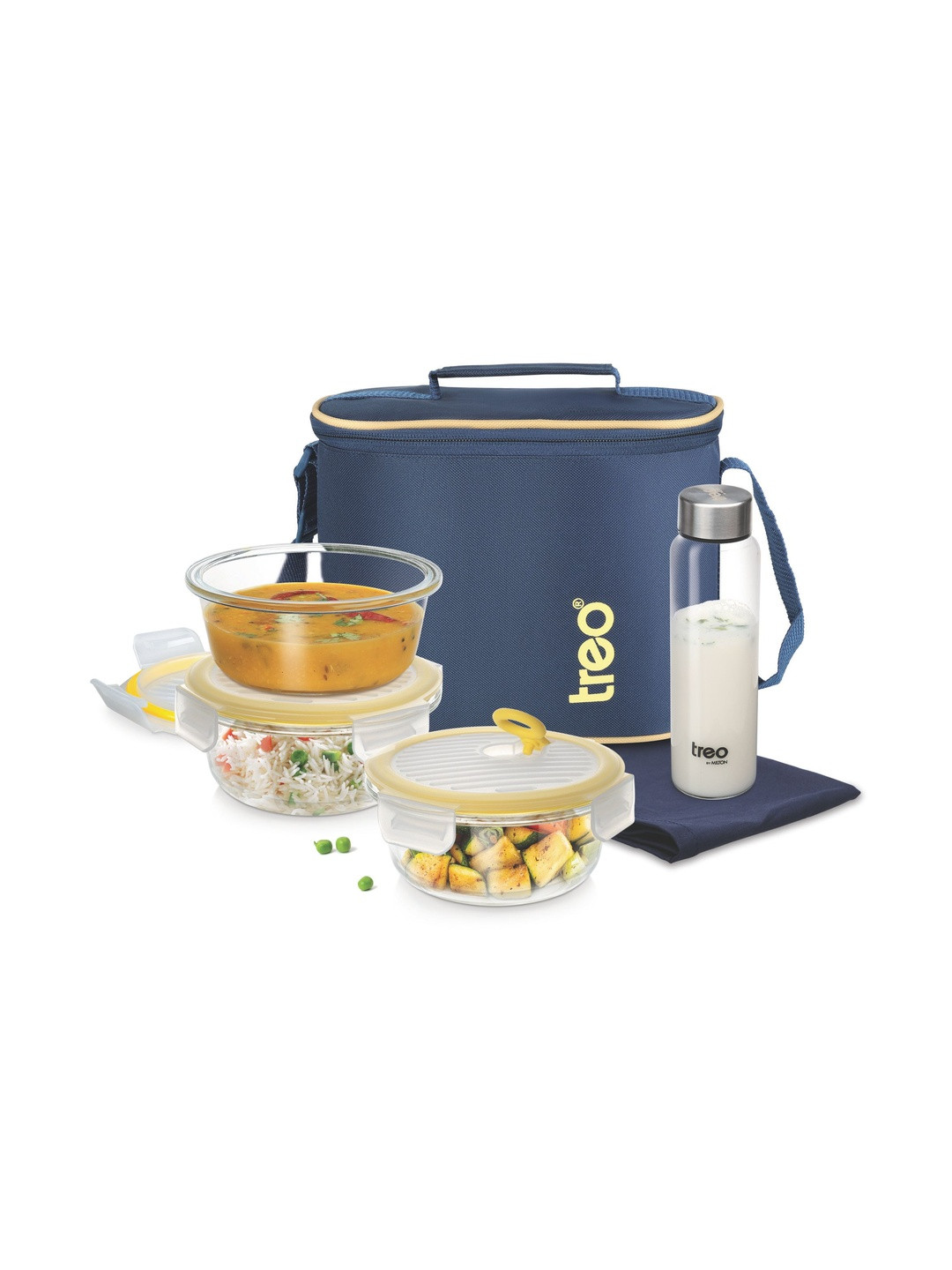 Treo 5 Pieces Blue All Fresh Borosilicate Glass Round Carry Jacket Lunch Box - 400 ml