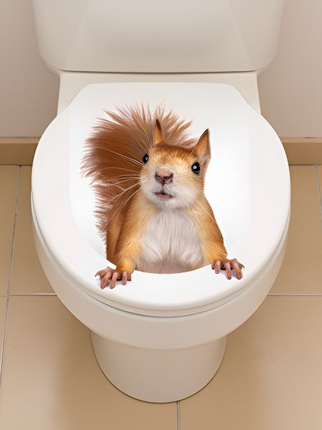Spiaty Brown & White Printed Squirrel Self-Adhesive Toilet Sticker