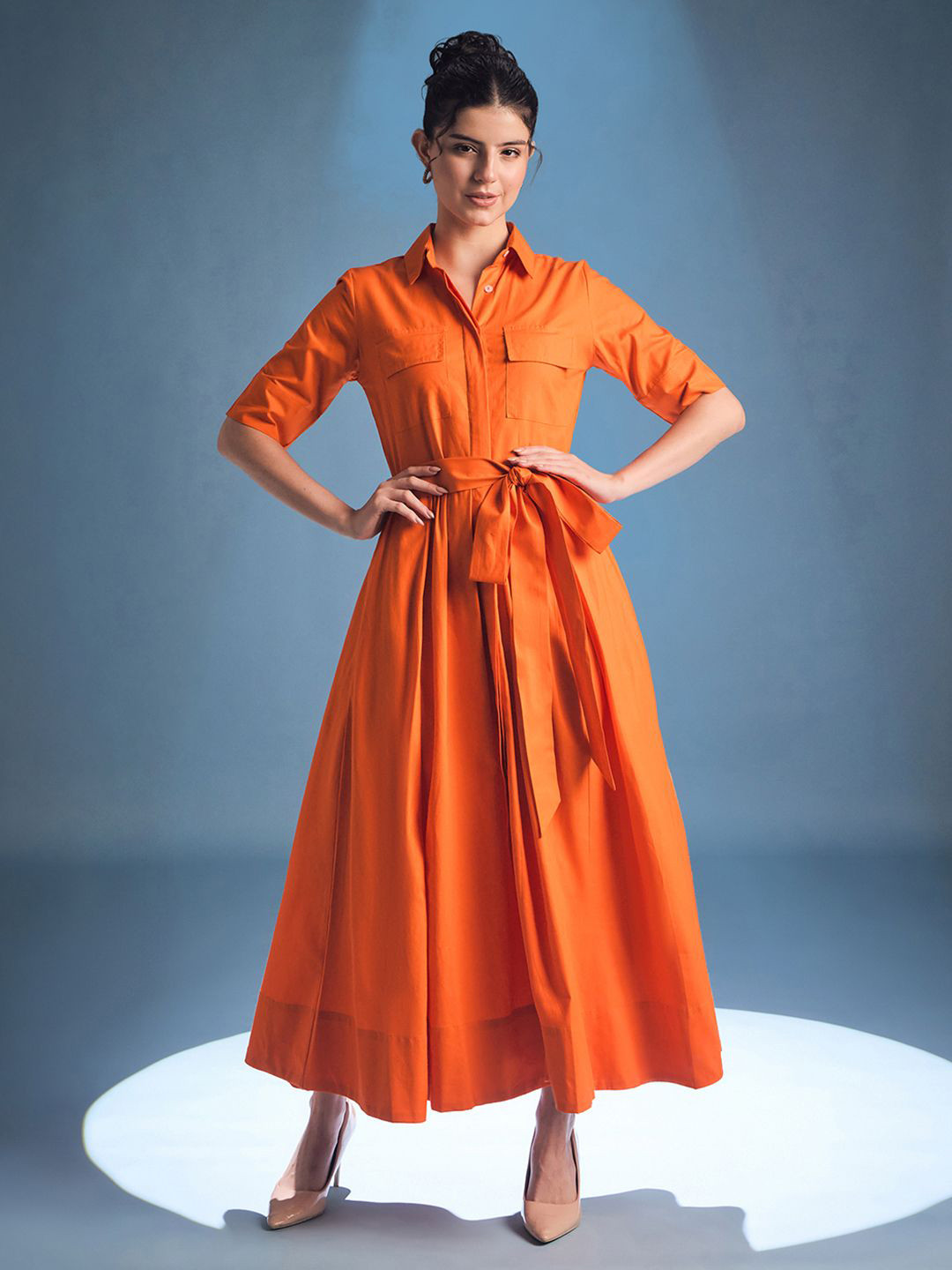 Uptownie Cotton Flared Shirt Dress With Belt