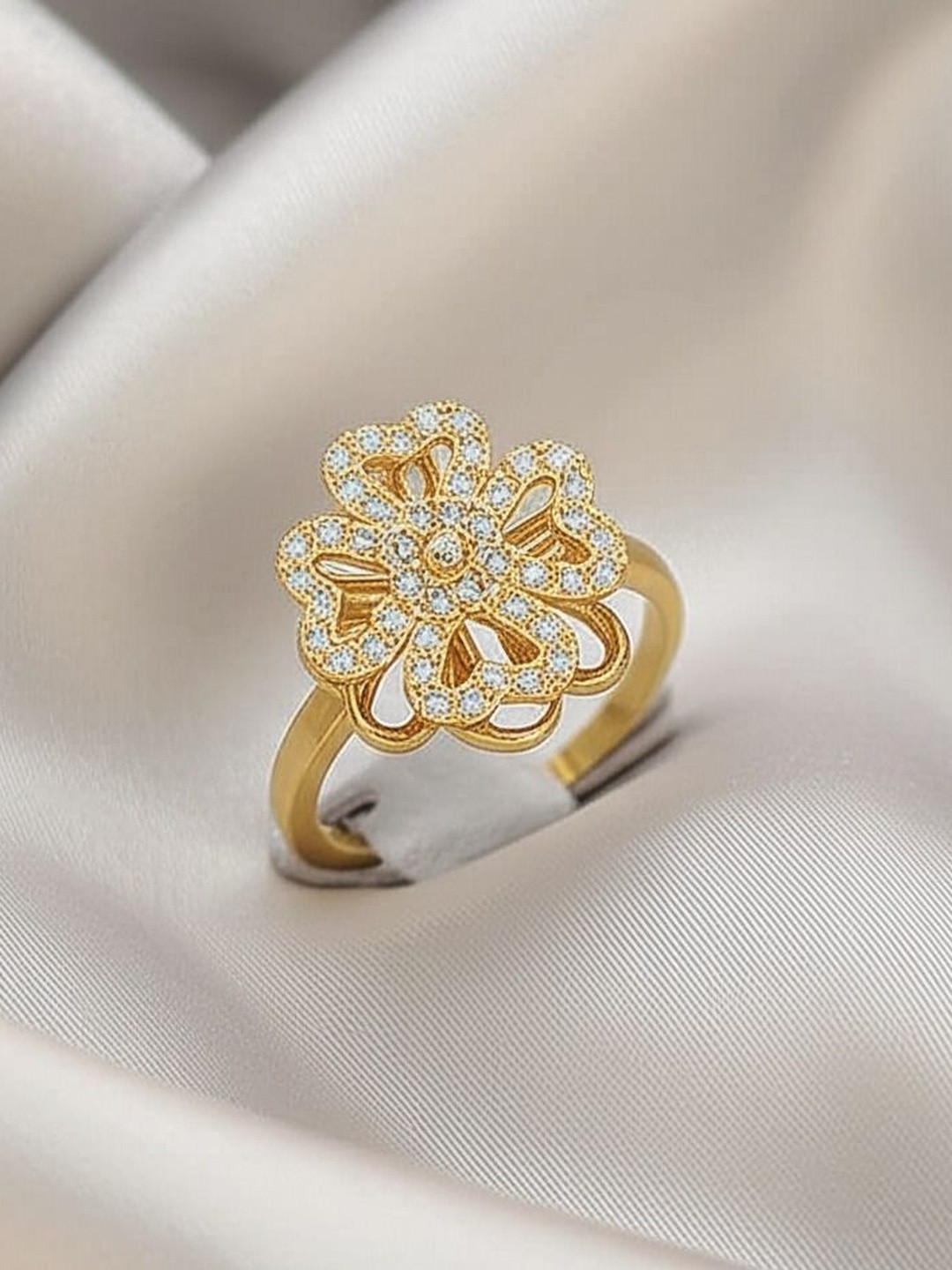 DressBerry Gold-Plated Cubic Zirconia Stone Studded Leaf Clover Adjustable Rotating Ring