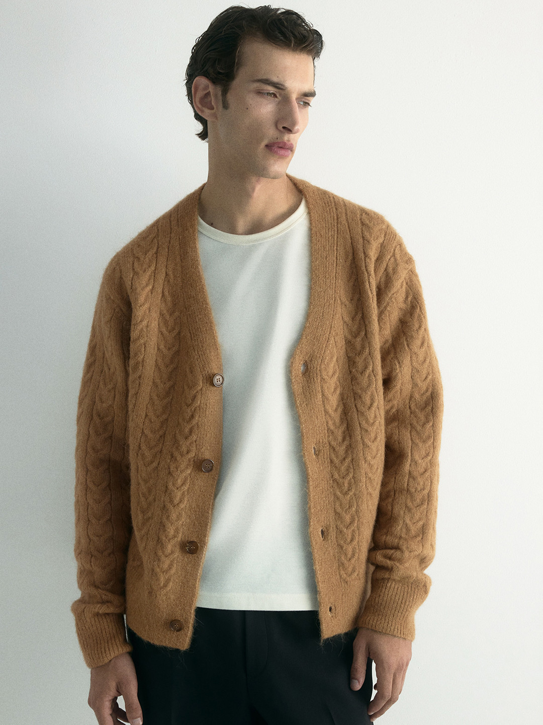 H&M Men Self Design Cable Knit V Neck Loose Fit Cardigan