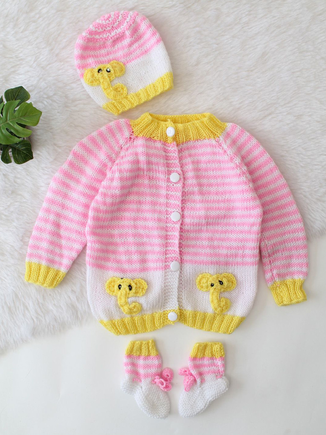 Woonie Kids Knitted Striped Elephant Embroidered Sweater with Cap and Socks