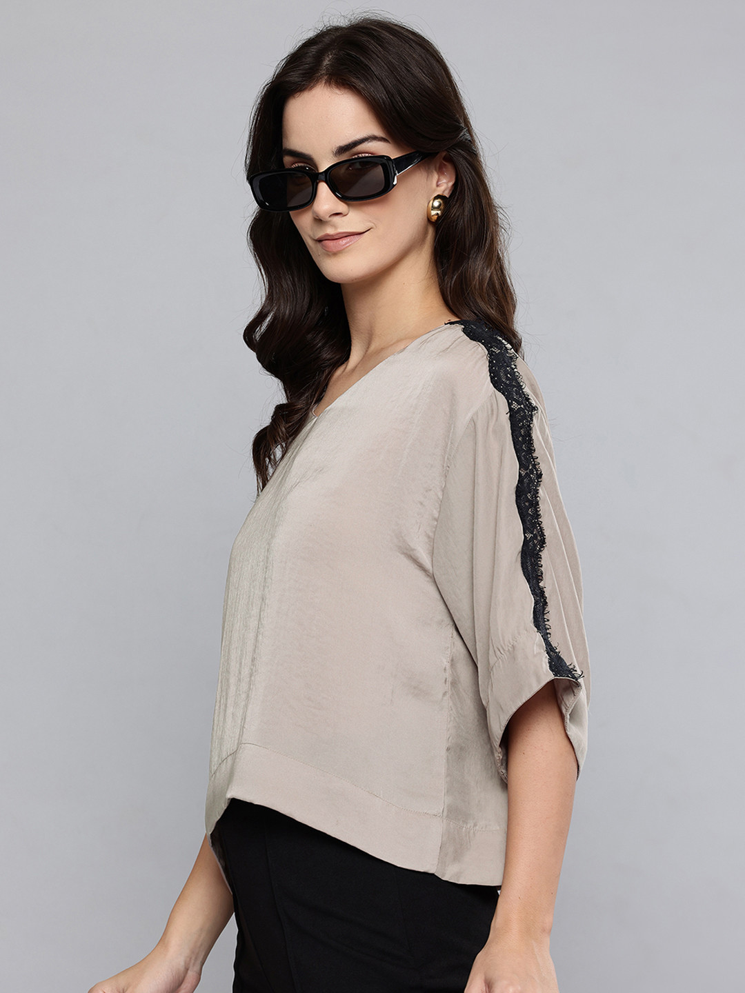 SCOUP Flared Sleeve Lace Inserts Satin Top