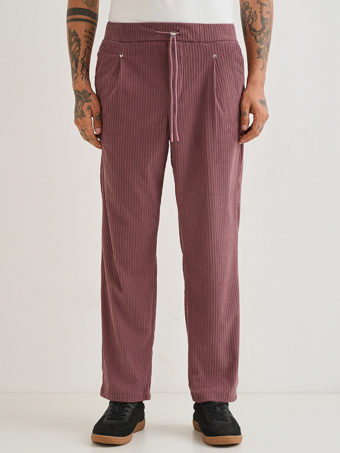 Banana Club Men Pink Relaxed Pleated Corduroy Drawstring Trousers