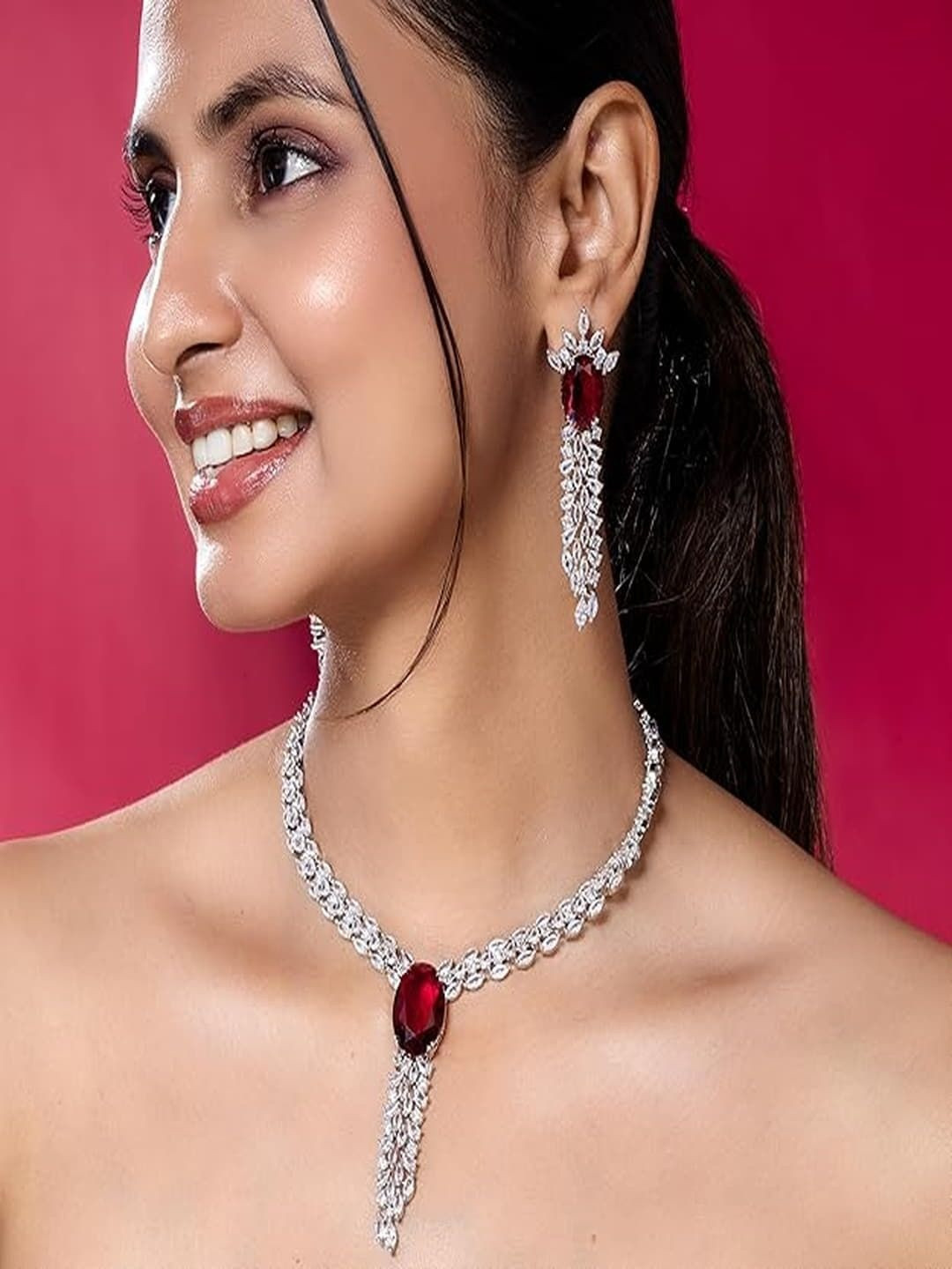 Mivanaa Silver-Plated American Diamond Stone-Studded Jewellery Set