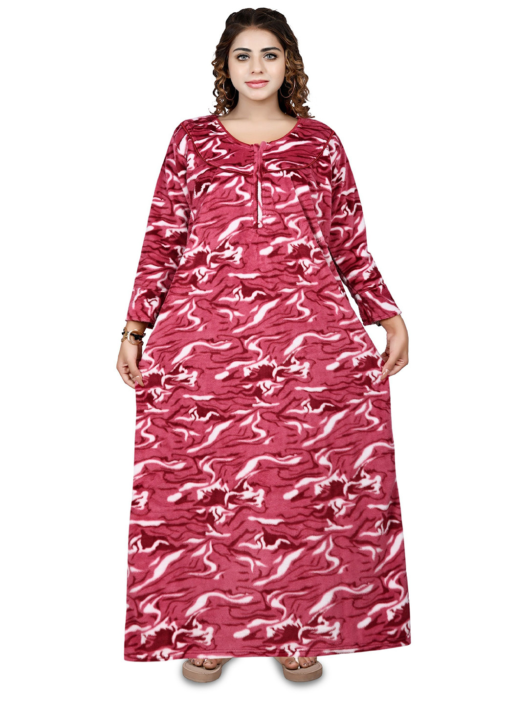 Bindass Female Collection Women Printed Skin Friendly Woolen Front Zip Maxi Nightdress