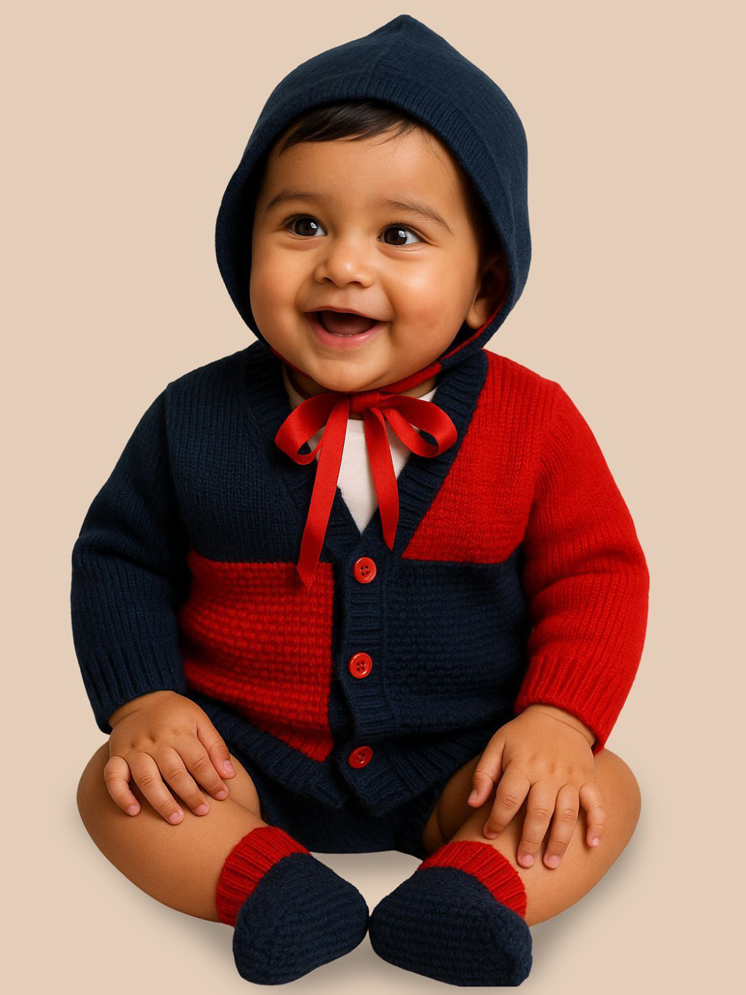 Little Angels Baby Boys Colourblocked Woollen Cardigan Sweaters With Cap and Socks Set