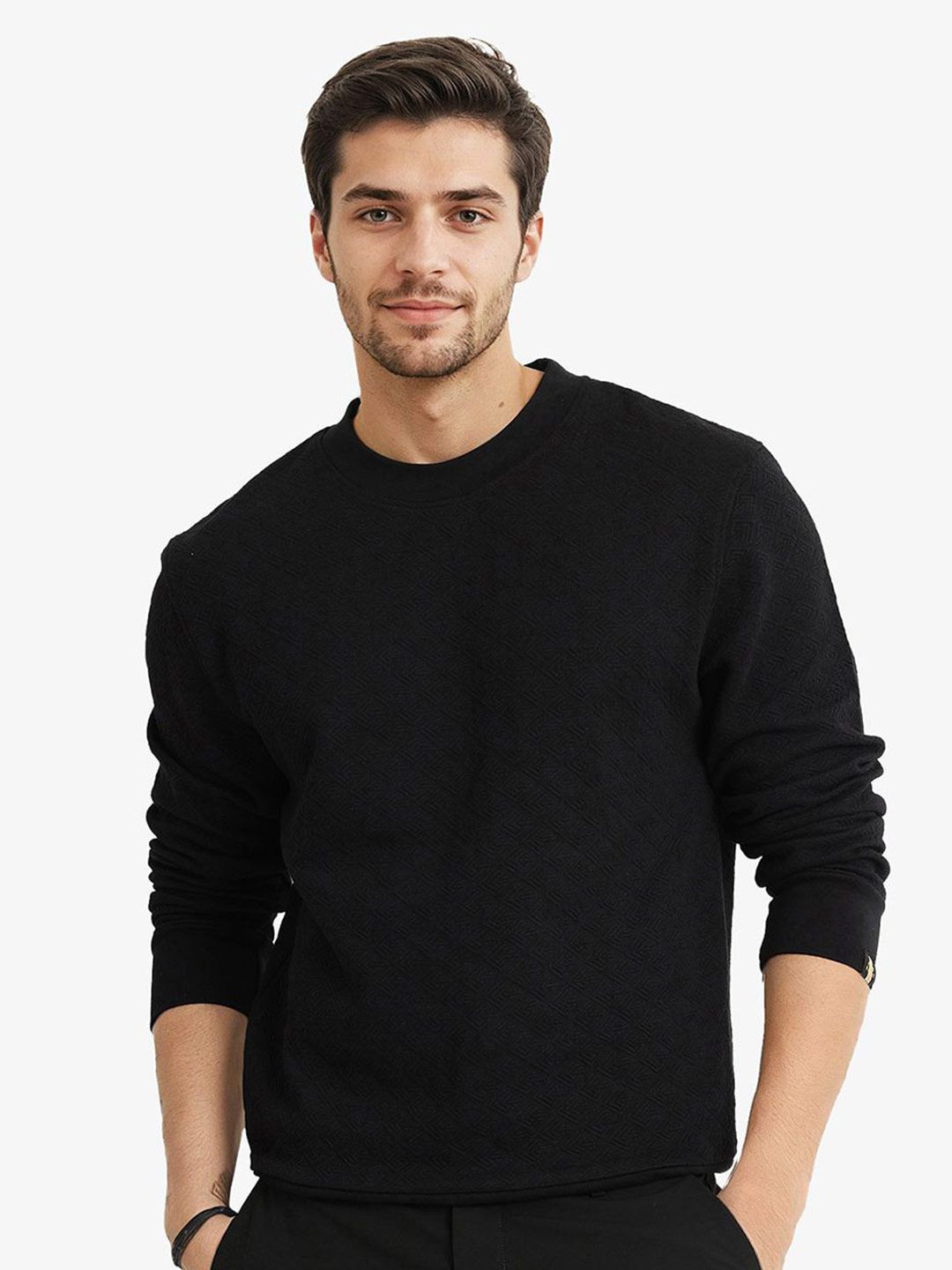 URBANICE Men Self Design Round Neck Full Sleeve Sweatshirt