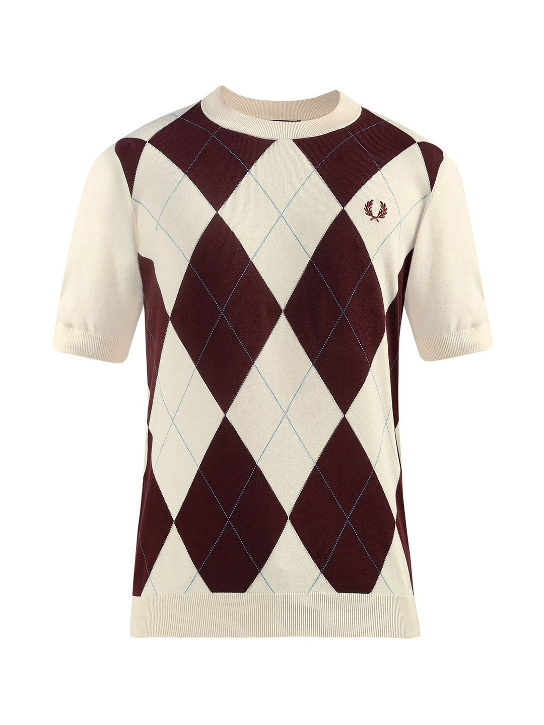 Fred Perry Men Ecru Argyle Knitted Printed Regular Fit Cotton T-shirt