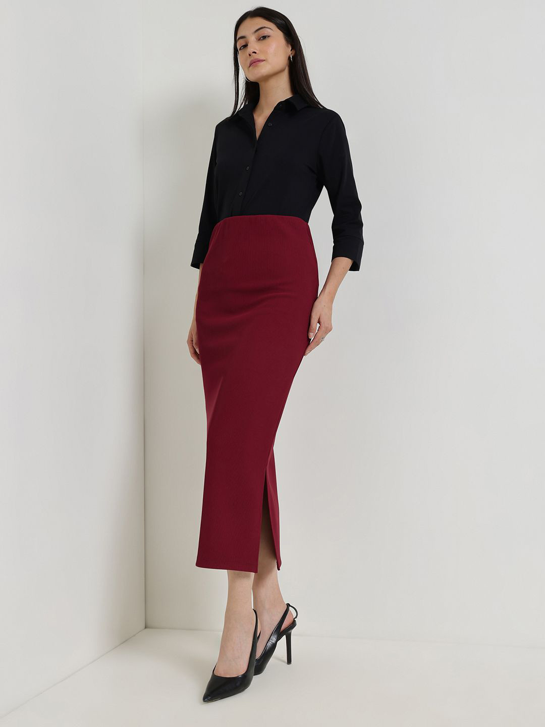 FableStreet Women Ribbed Pencil Midi Skirt with Side Slit