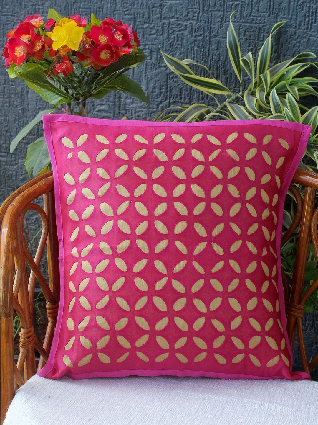 Weaves of Tradition Pink & Gold-Toned Self Design  Square Chanderi Silk Cushion Cover