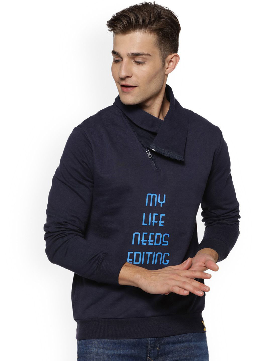 Campus Sutra Men Typography Printed Full Sleeves Pullover Asymmetrical Sweatshirt