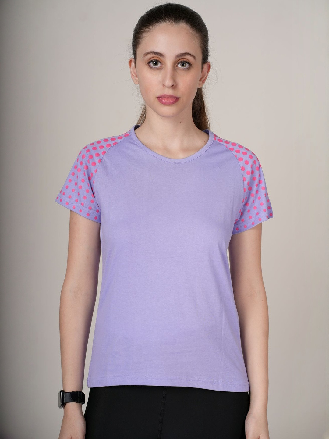 OUTLAWS Women Polka Dot Printed Round Neck Raglan Sleeves Bio Finish Athleisure T-shirt