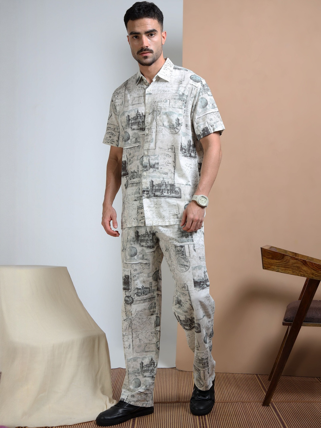 RIGS AND RAGS Men Printed Shirt Collar-Neck Shirt With Trousers Co-Ords Set