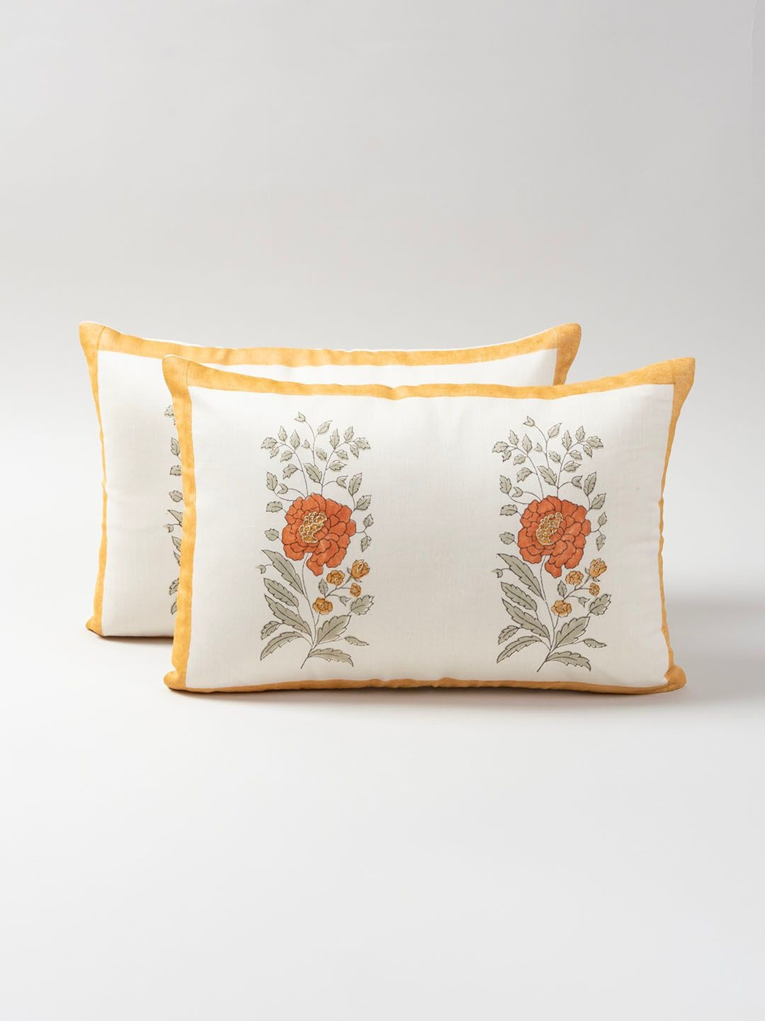 Eyaas Orange & Off-White Set of 2  Block Printed Rectangle Cushion Covers