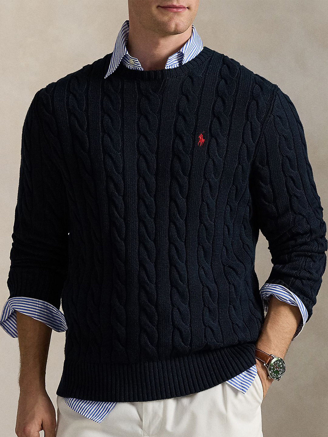 Polo Ralph Lauren Men Self-Design Pure Cotton Round Neck Pullover Sweater