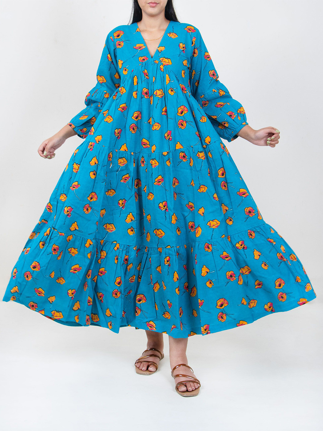 DMAASA Women V-Neck Floral Print Puff Sleeves Cotton Maxi Dress