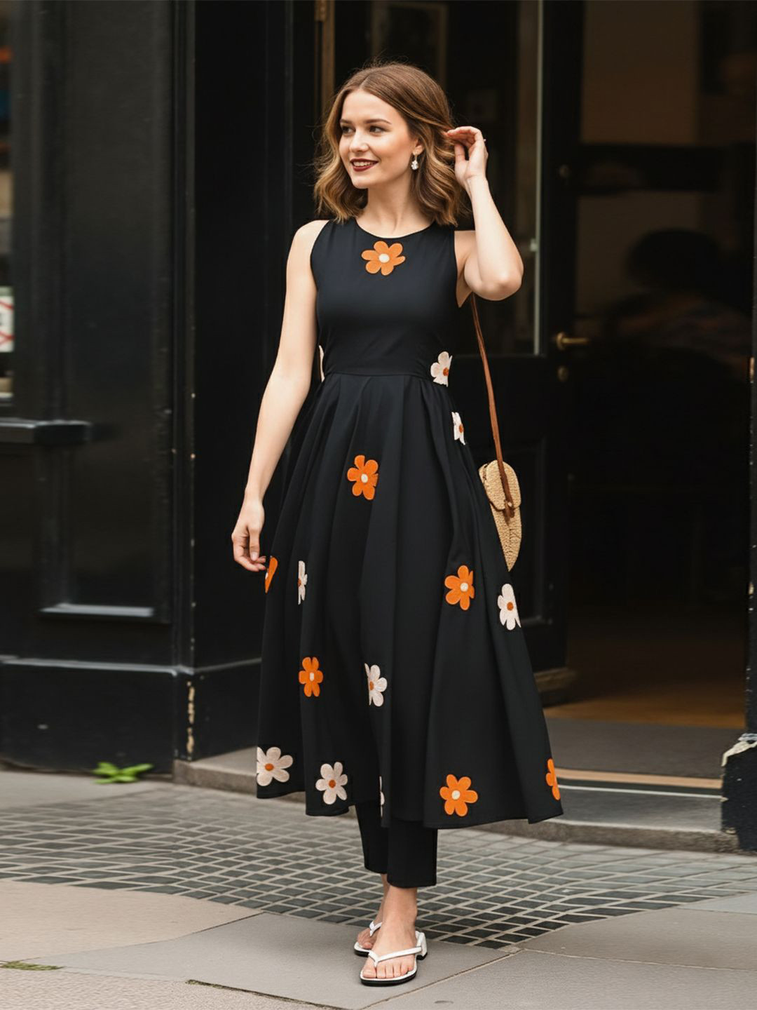 KALINI Floral Applique Fit & Flare Midi Dress