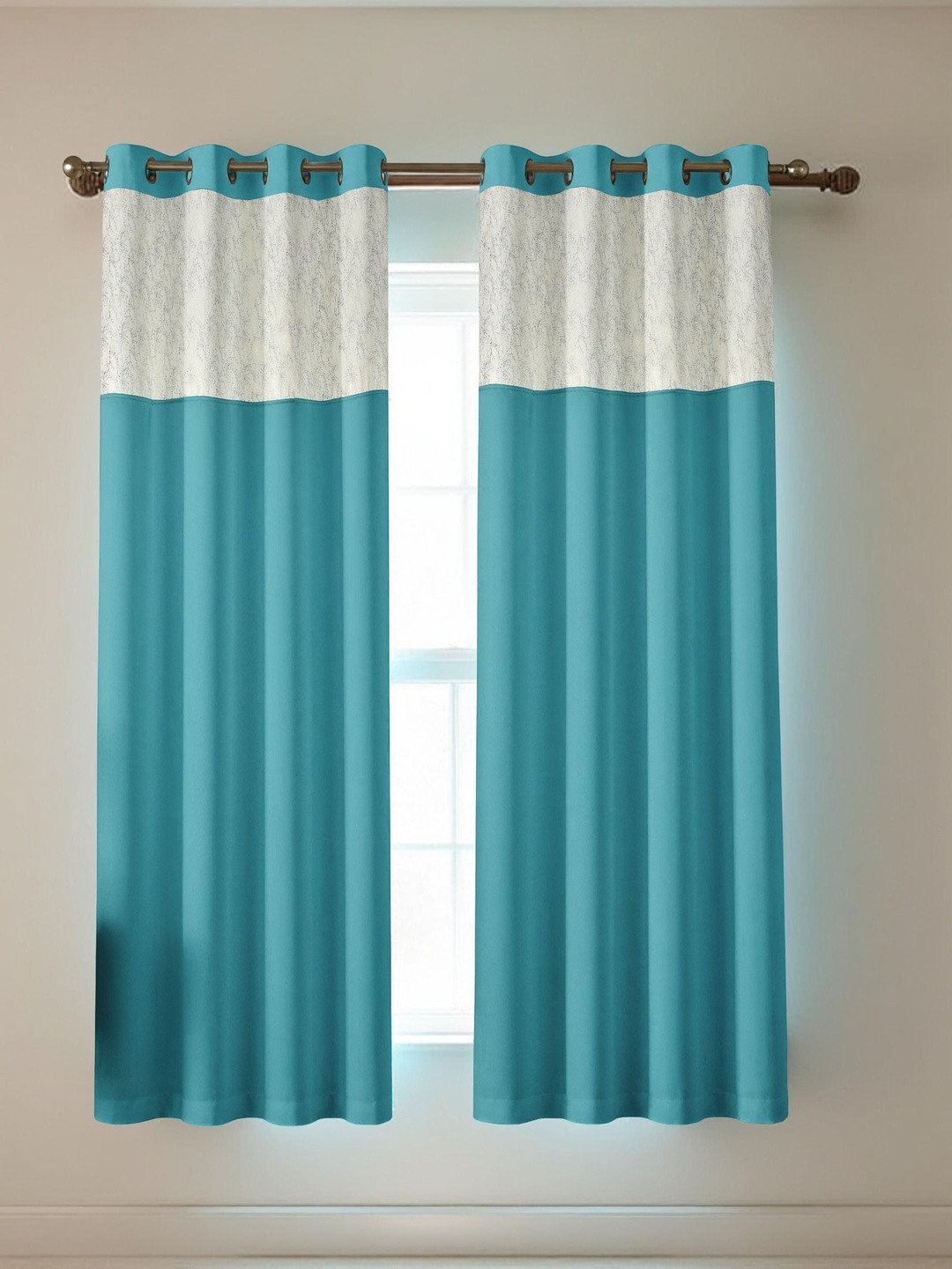 Aura Blue & White Silk 2 Pieces Window Black Out Eyelet Curtains