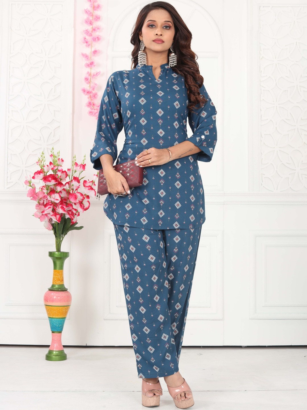 PickALook Geometric Printed Notch Neck Pure Cotton Tunic With Trouser