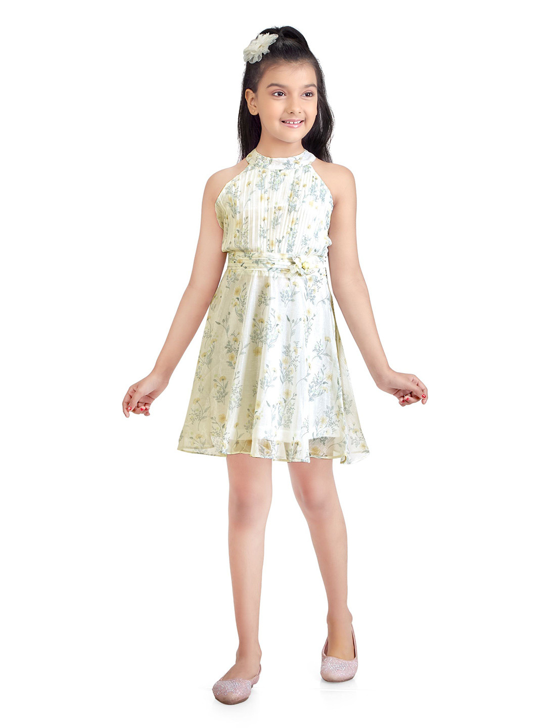 Tiny Girl Girls Floral Print Halter Neck Applique Work Fit & Flare Dress