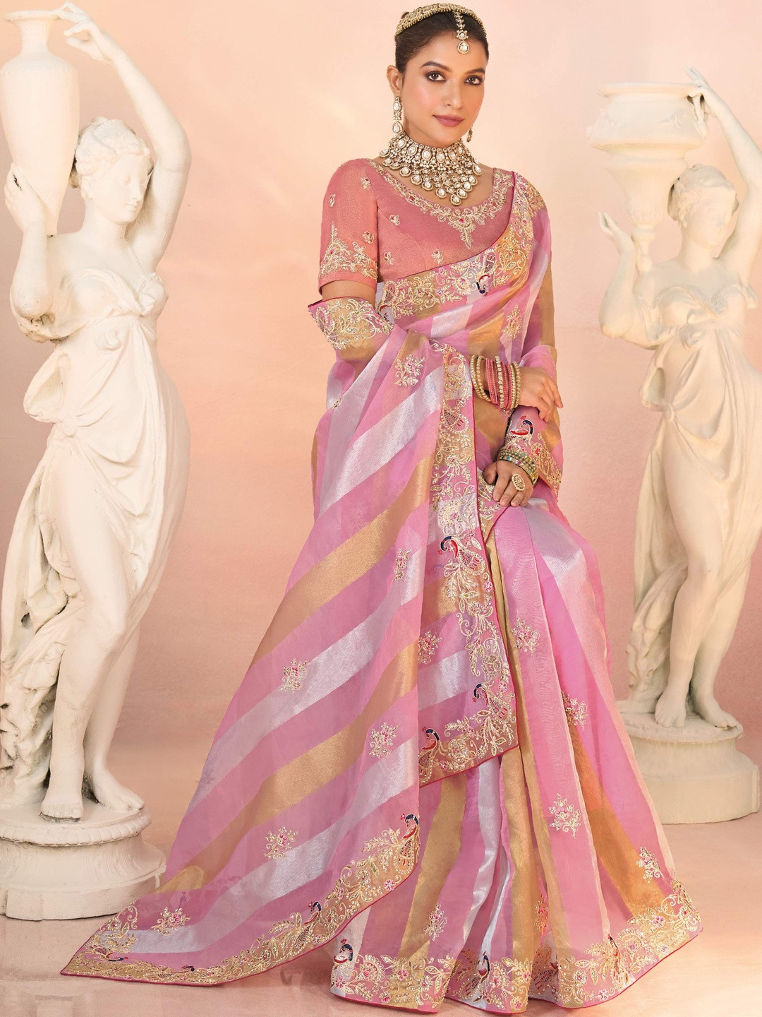 Laxmipati Striped Embroidered Organza Tissue Saree