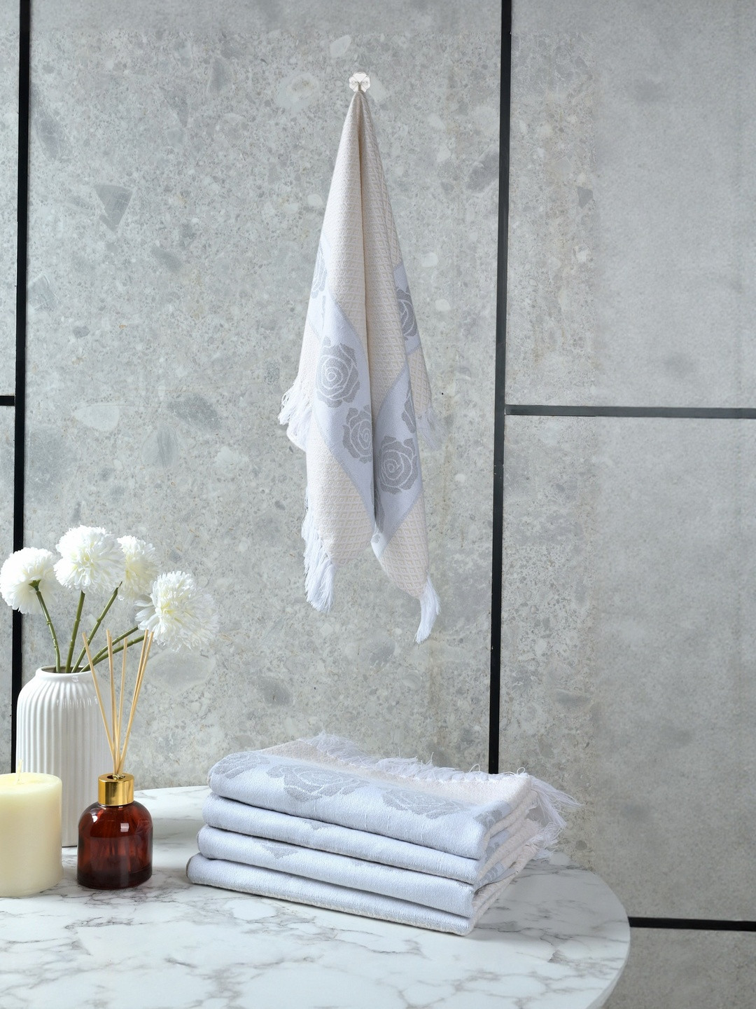 Saral Home Grey Rose Cotton 400 GSM 4Pcs Quick Dry Soft Hand Towel Set- 27.5  x 17.7