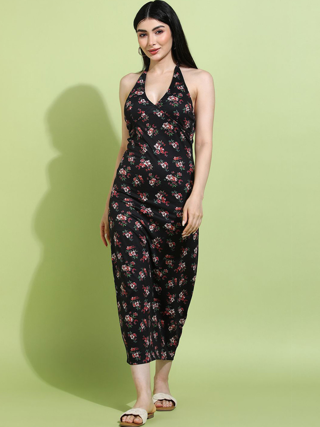 SAFFE Print Halter Neck Scuba Bodycon Maxi Dress
