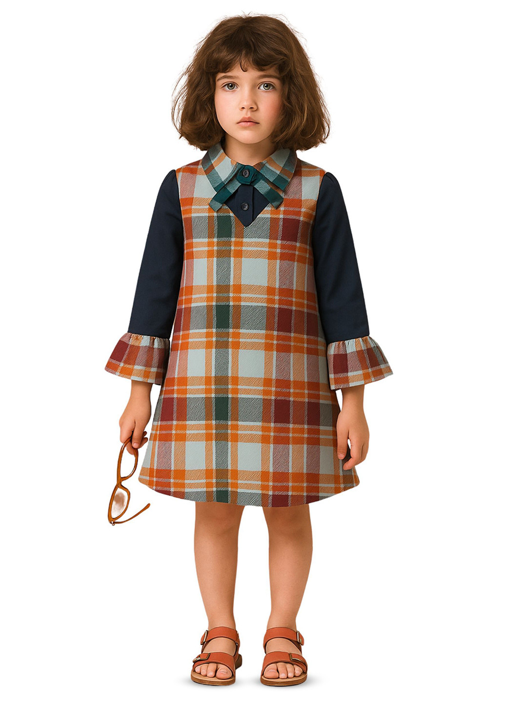 Le Nino Girls Checked Polo Collar Bell Sleeves Cotton A-Line Dress