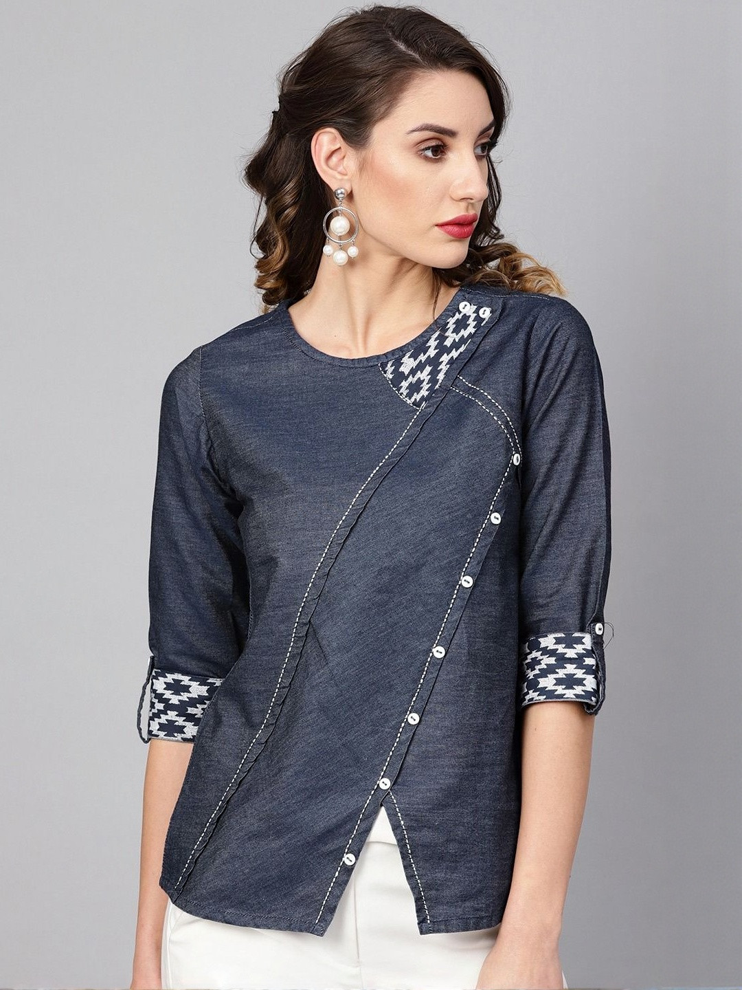 KALINI Geometric Roll-Up Sleeves Denim Top