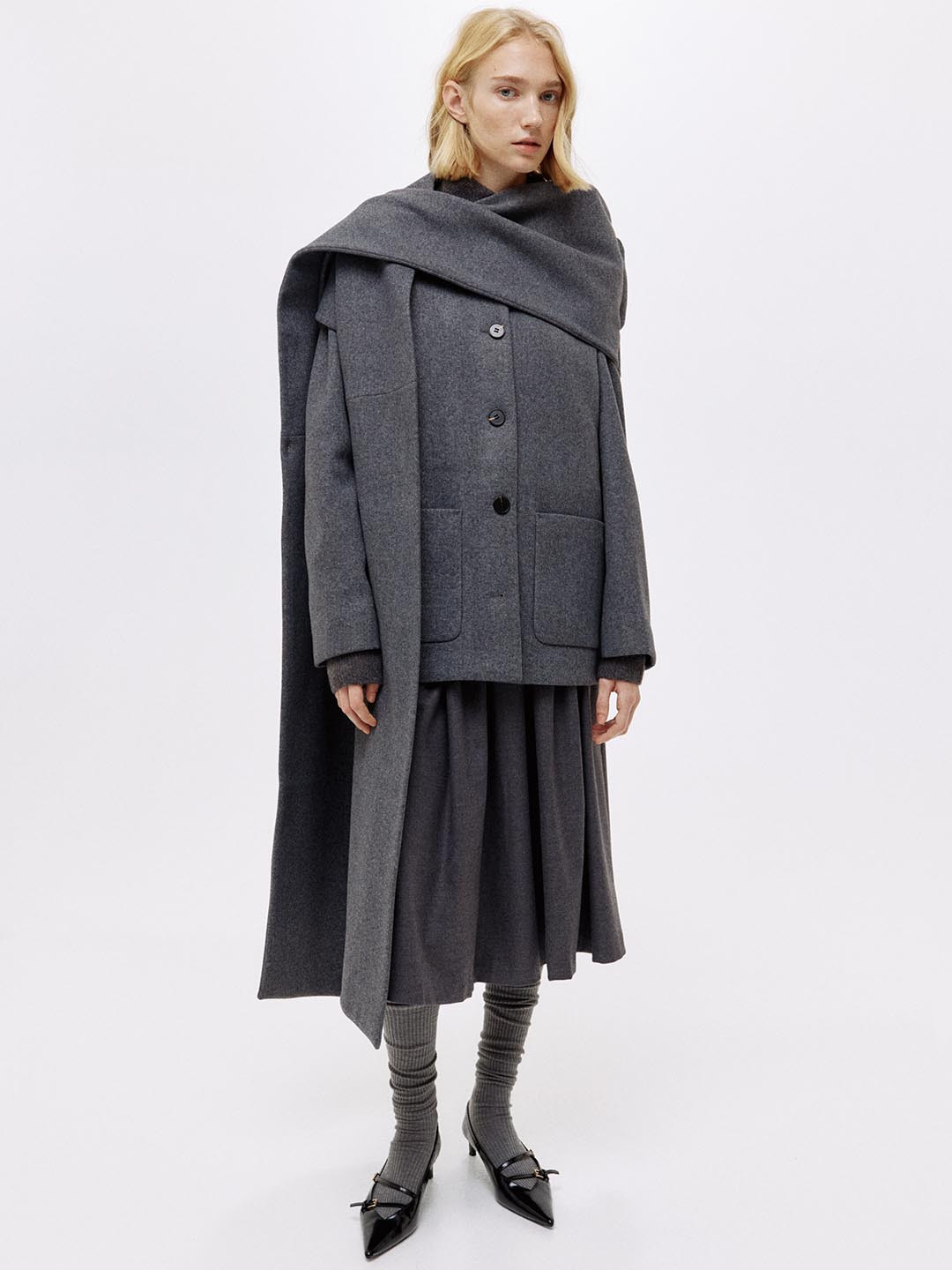 H&M Women Regular Fit Scarf-Detail Overcoat