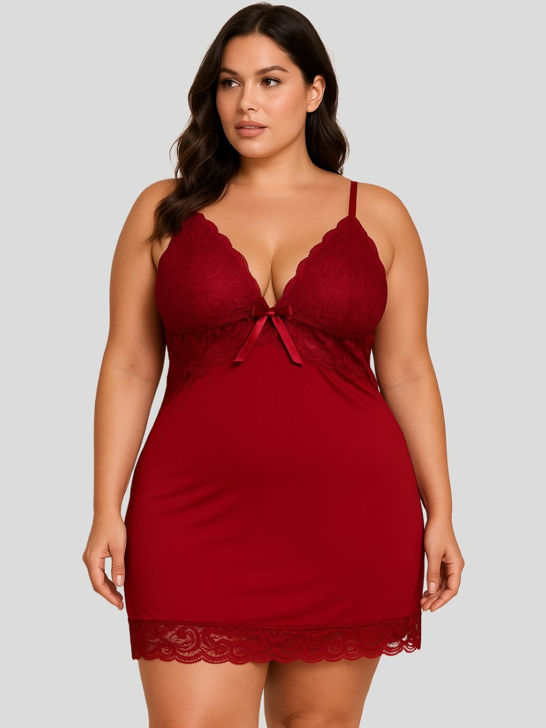 Luvien Paris Women Plus Size Lace Inserts Plunge Neck Chemise Baby Doll